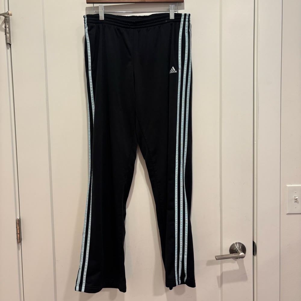 Adidas Track Pants Mens Large Black Light Blue 3-Stripe Athletic Sweatpants L